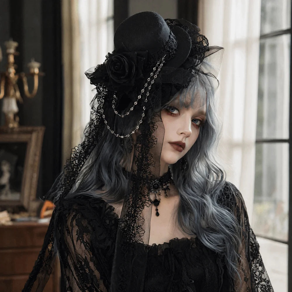 Lace Gothic Lace Veil Chain Chiffon Rose Hat Rose Victorian Retro Small Top Hat