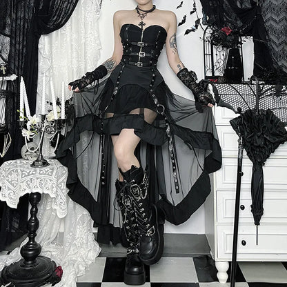 Slimming Irregular Mesh Skirt Dark Style High Waist
