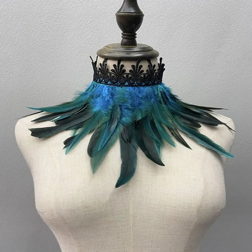Black Feather Choker Collar Neck Cover Cape Shawl With Lace