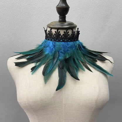 Black Feather Choker Collar Neck Cover Cape Shawl With Lace