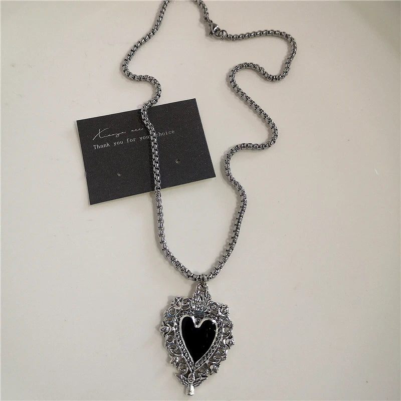 Punk Rock Black Heart Cross Pendant Chain Necklace Goth Accessories