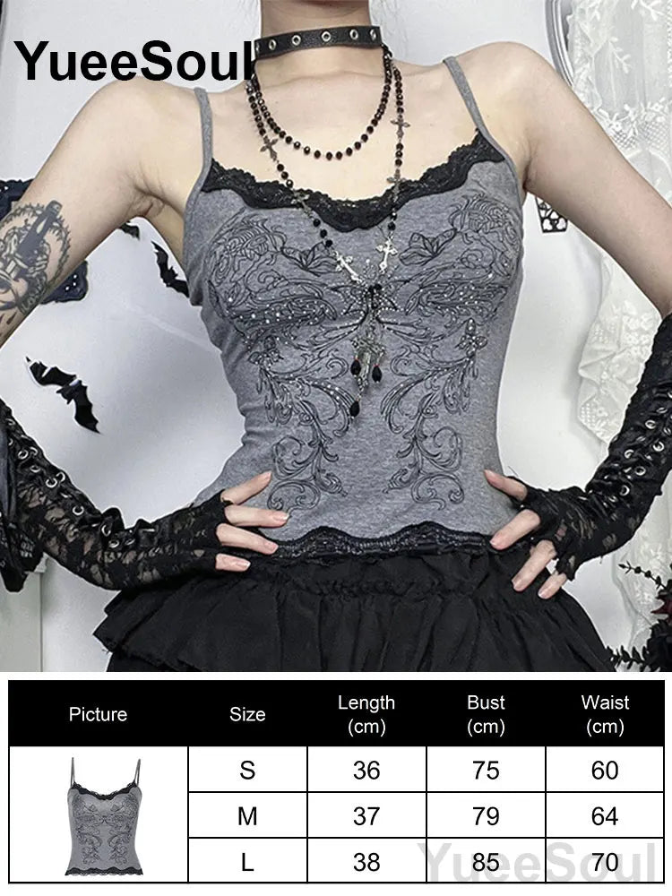 Gothic Lace Mesh Crop Spaghetti Strap Tops