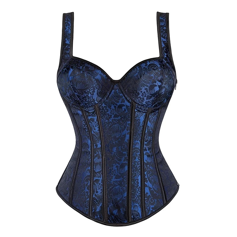 Sexy Women Corset with Straps Black Overbust Floral Jacquard Corsets Zipper Bustier