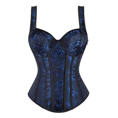 Sexy Women Corset with Straps Black Overbust Floral Jacquard Corsets Zipper Bustier