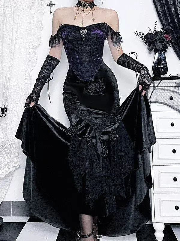 Black Vintage Gothic Velvet Fishtail Asymmetrical Skirt