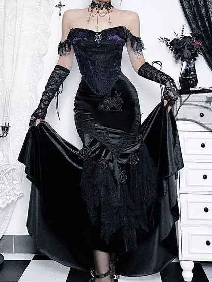 Black Vintage Gothic Velvet Fishtail Asymmetrical Skirt