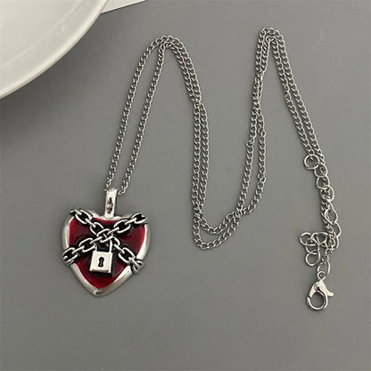 Red Black Heart Pendant Chain Necklace Vintage Goth