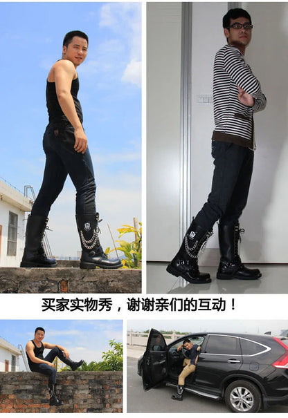Men Fashion Motorcycle Boots Mid-calf Chain Combat Belt Hightop Casual Steel Toe