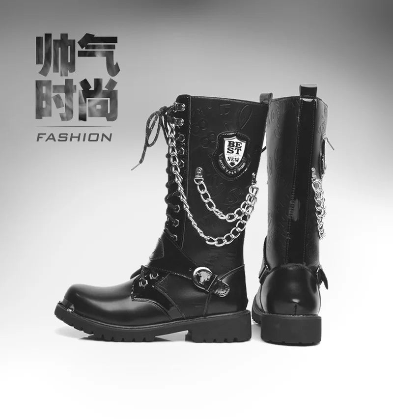 Men Fashion Motorcycle Boots Mid-calf Chain Combat Belt Hightop Casual Steel Toe