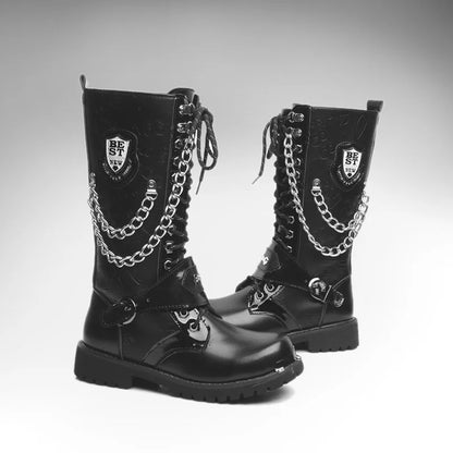 Men Fashion Motorcycle Boots Mid-calf Chain Combat Belt Hightop Casual Steel Toe