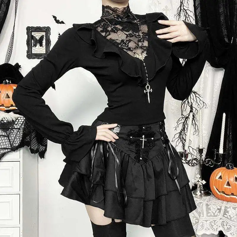 Goth Vampire Lace Splicing Top Ruffle Edge