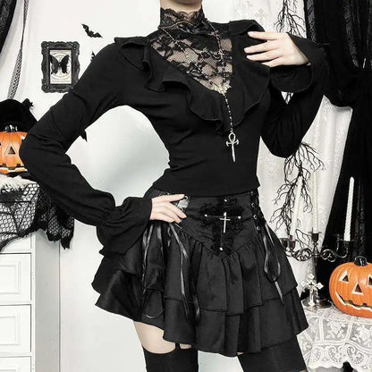 Goth Vampire Lace Splicing Top Ruffle Edge