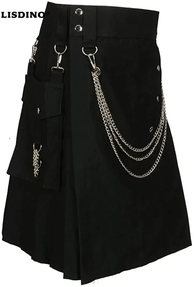 Mens Skirt Vintage Kilt Scotland Gothic Kendo Pocket Skirts With Silver Chains
