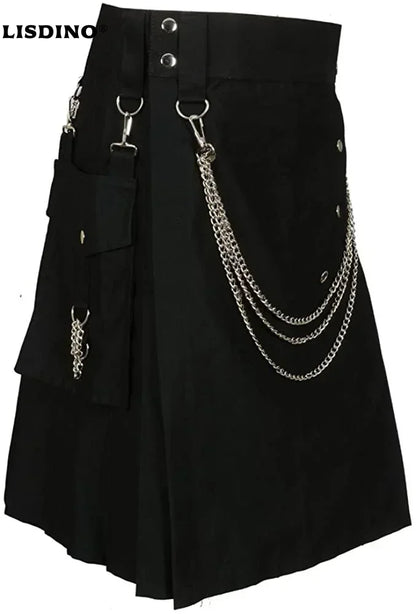 Mens Skirt Vintage Kilt Scotland Gothic Kendo Pocket Skirts With Silver Chains