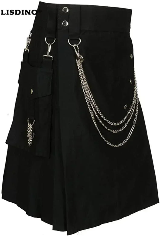 Mens Skirt Vintage Kilt Scotland Gothic Kendo Pocket Skirts With Silver Chains
