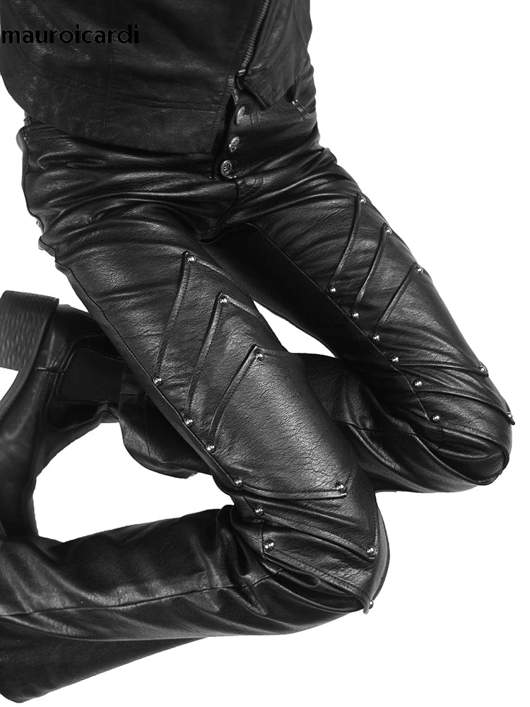 Mauroicardi Long Black Fitted Pu Leather Pants Man Rivet
