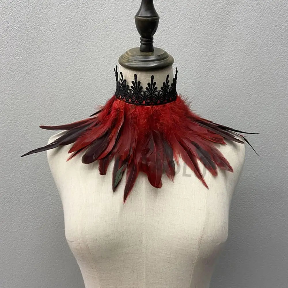 Black Feather Choker Collar Neck Cover Cape Shawl With Lace