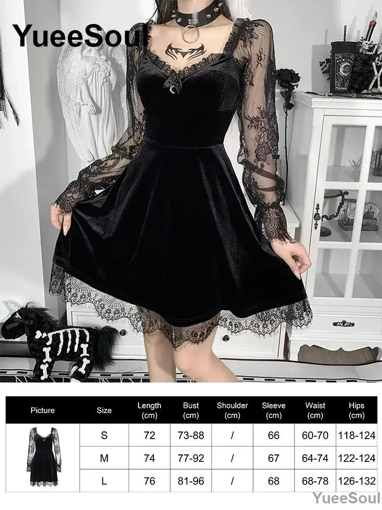 Gothic Long Sleeve Lace Slim Black Dresses