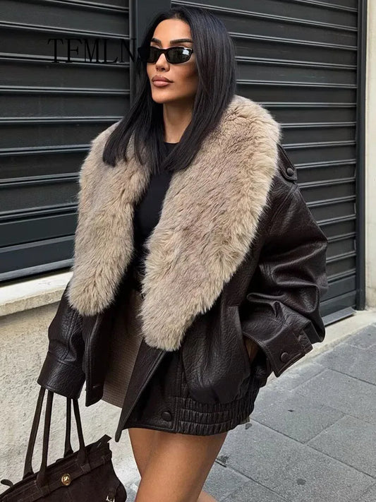 Loose Faux Leather Big Fur Winter Jacket
