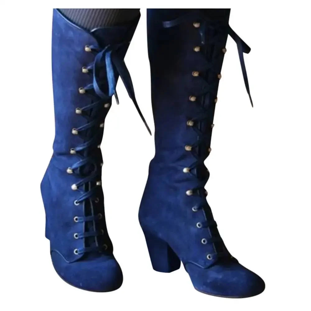 Knee high Retro Boots Lace Up Thick Heels Shoes