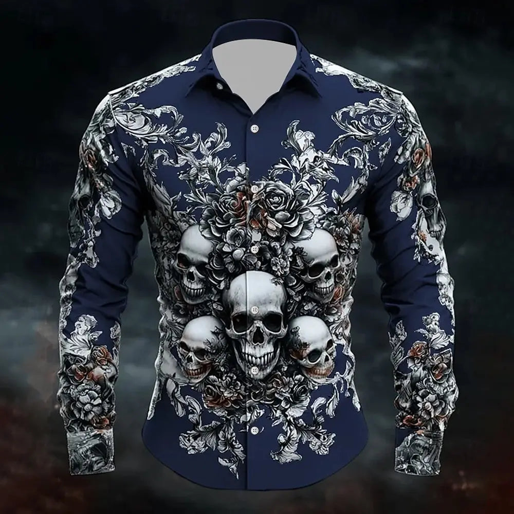 Skull Print Long Sleeve Graphic Shirt Loose Fit
