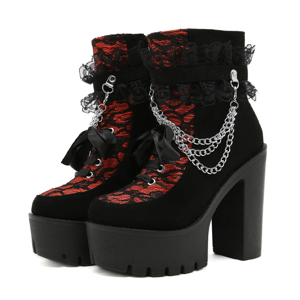 Lacy Beau Gothic Chunky Boots with Chain