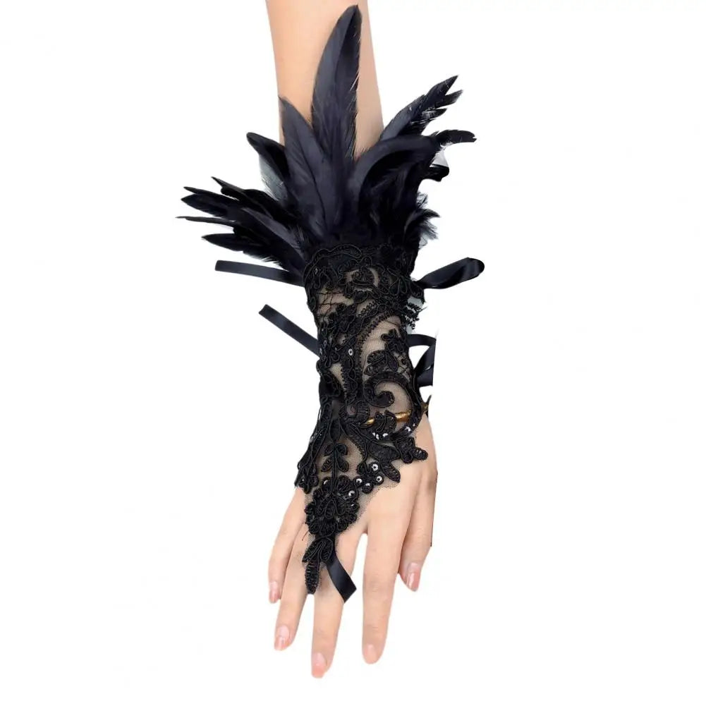 Lace Faux Feather Long Glove Gothic Mesh Embroidery Mitten