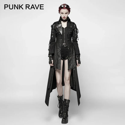 Gothic Style Vampire Studded Pu Leather Motorcycle Long Jacket