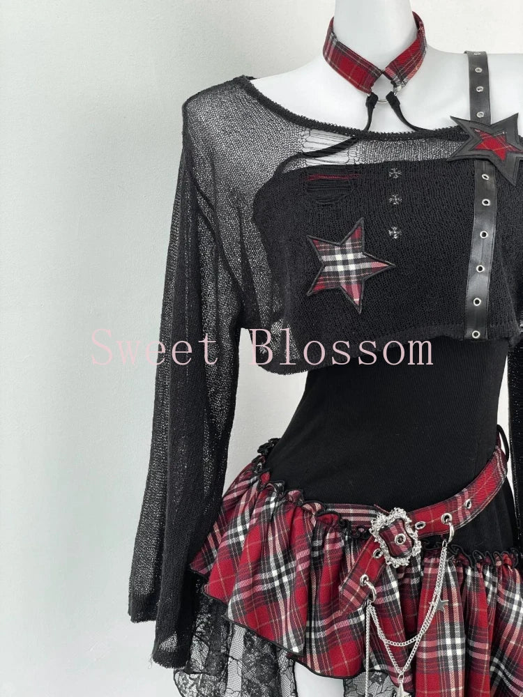 Gothic 2 Piece Set  Black Blouse + Chic Irregular Dress Vintage Suit