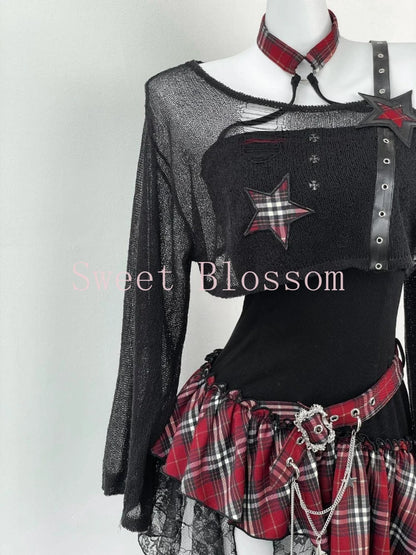Gothic 2 Piece Set  Black Blouse + Chic Irregular Dress Vintage Suit