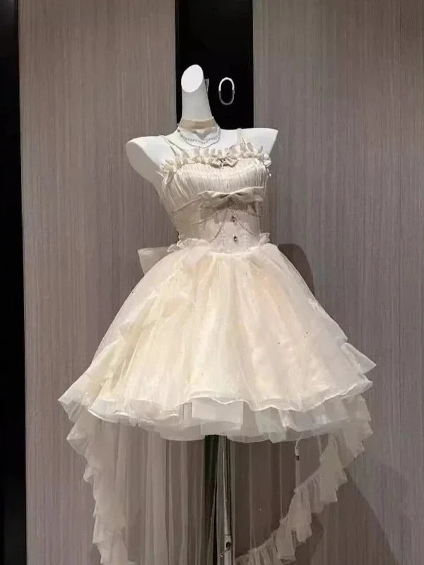 Sling Retro Tulle Ruffles Trim Dress