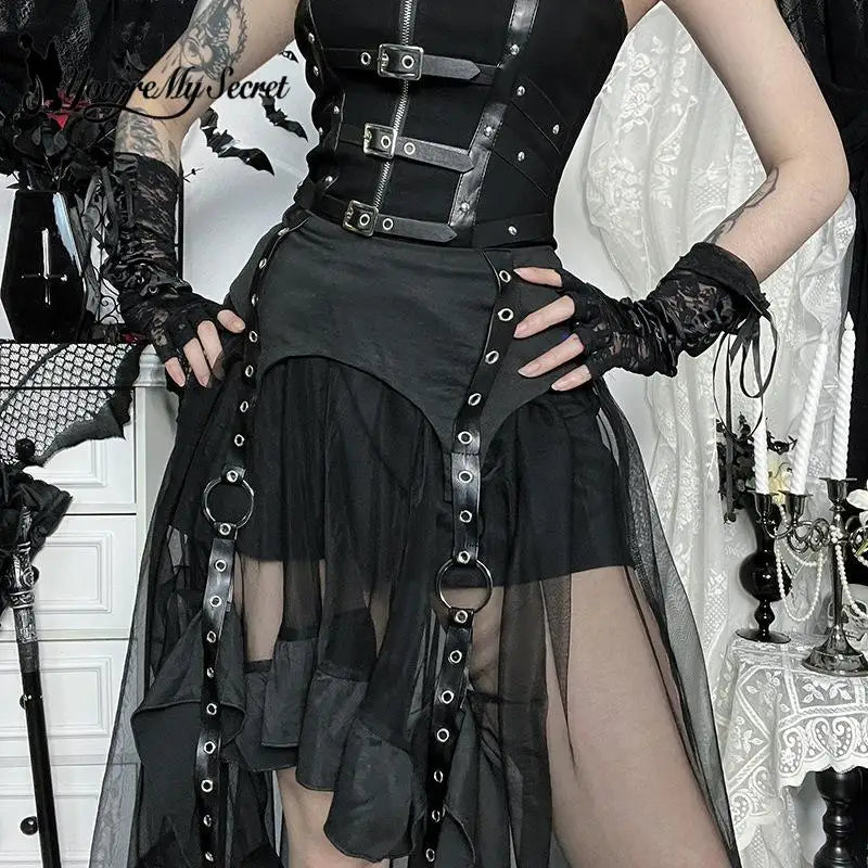 Slimming Irregular Mesh Skirt Dark Style High Waist