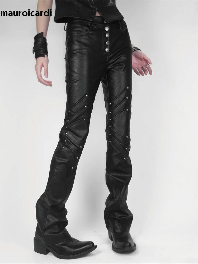 Mauroicardi Long Black Fitted Pu Leather Pants Man Rivet
