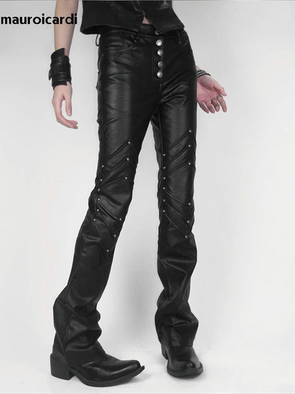 Mauroicardi Long Black Fitted Pu Leather Pants Man Rivet
