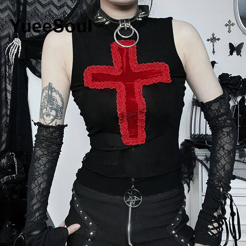 Gothic Lace Mesh Crop Spaghetti Strap Tops