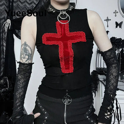 Gothic Lace Mesh Crop Spaghetti Strap Tops