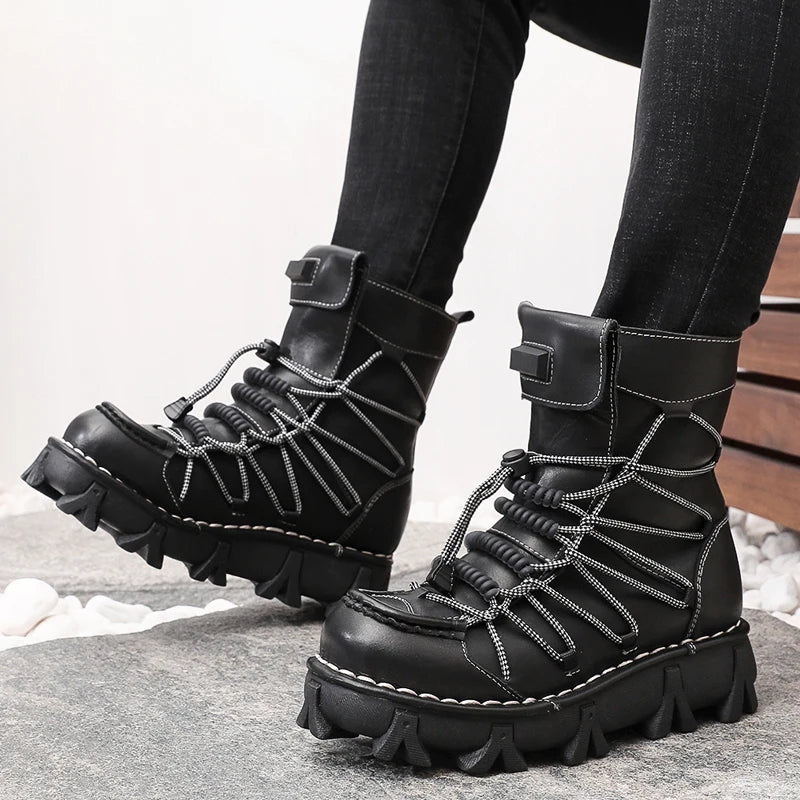 Genuine Leather Motorcycle Boots Platform Elastic