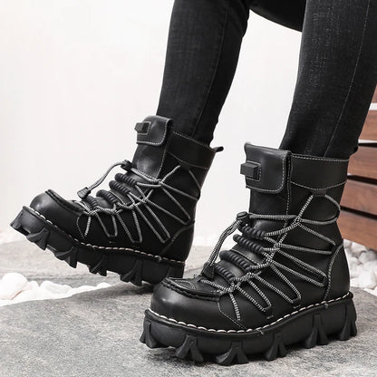 Genuine Leather Motorcycle Boots Platform Elastic