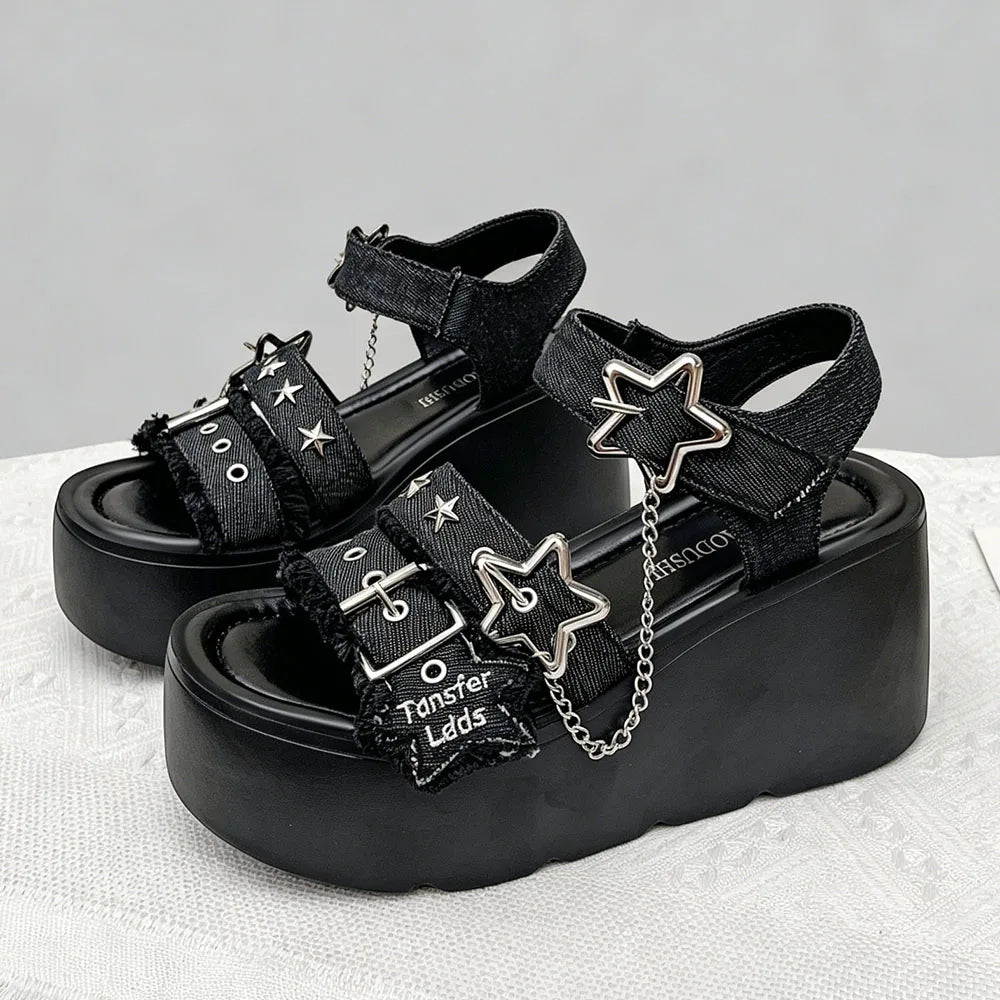 Gothic Chunky Platform Wedges Sandals Slides with Chain