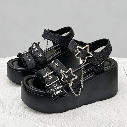 Gothic Chunky Platform Wedges Sandals Slides with Chain
