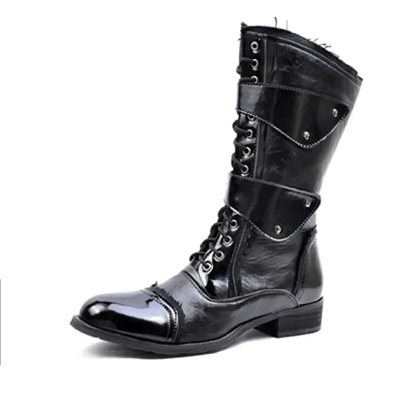 Gothic Punk Dance Boots for Men Mid Calf Warm Soft Leather Motorcycle