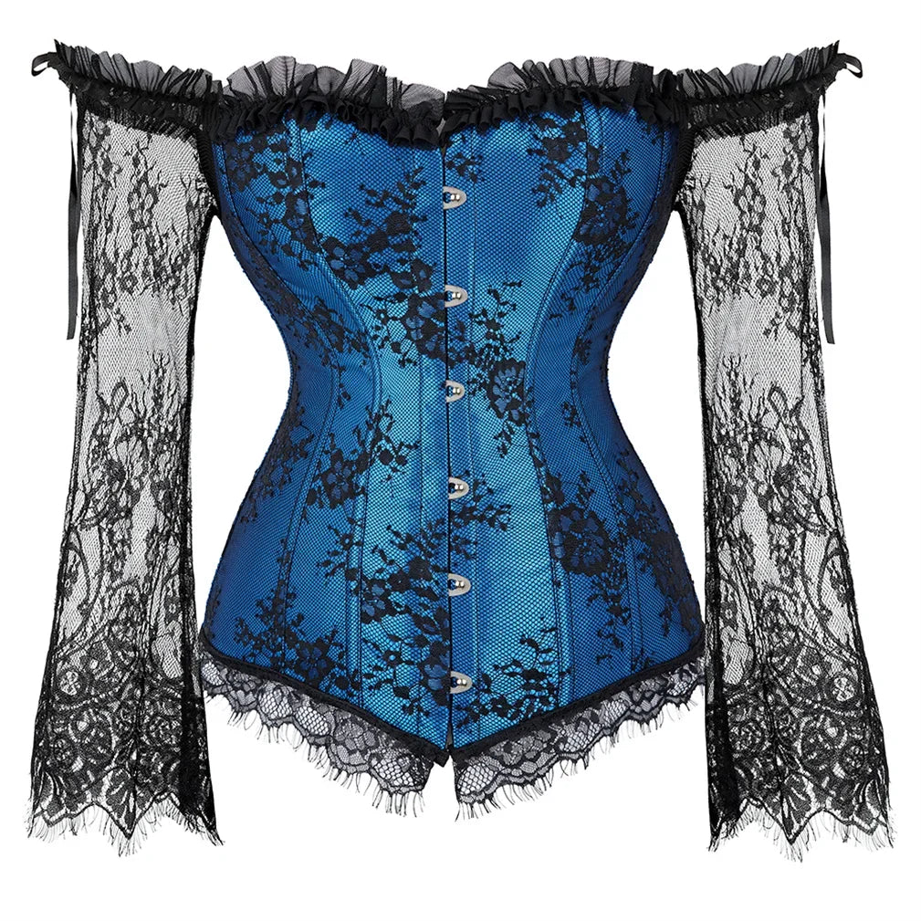 Gothic Vintage Silk Corset with Lace Long Sleeve off Shoulder