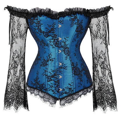 Gothic Vintage Silk Corset with Lace Long Sleeve off Shoulder