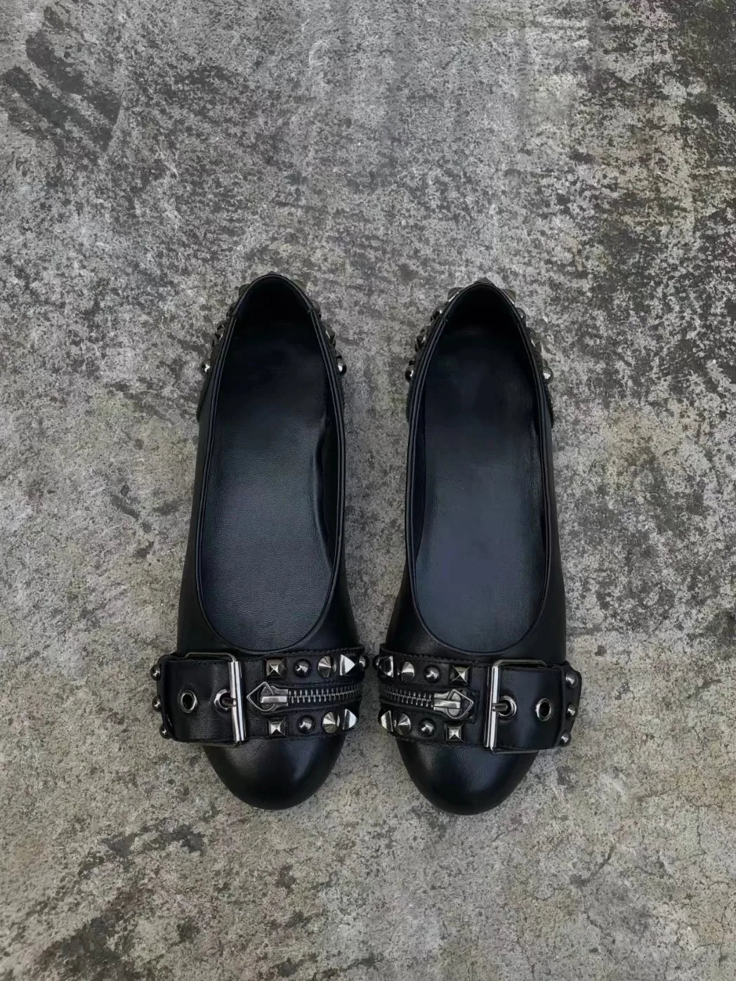 Black studded ballet leather flats metal buckled round toe sandals