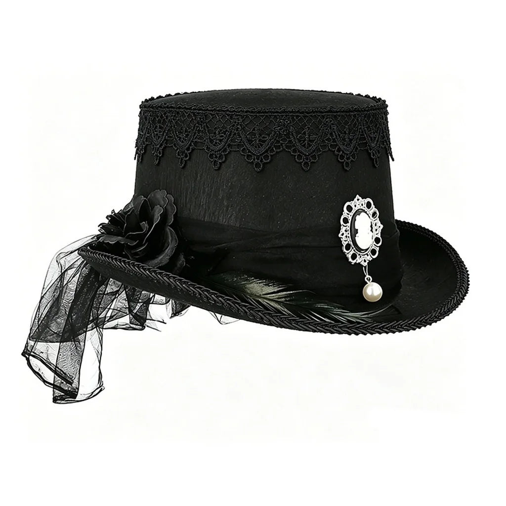 Gothic Black Lace Top Hat Vintage Pearl Elegant Victorian Steampunk