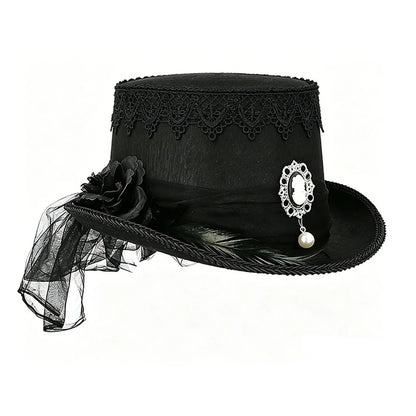 Gothic Black Lace Top Hat Vintage Pearl Elegant Victorian Steampunk