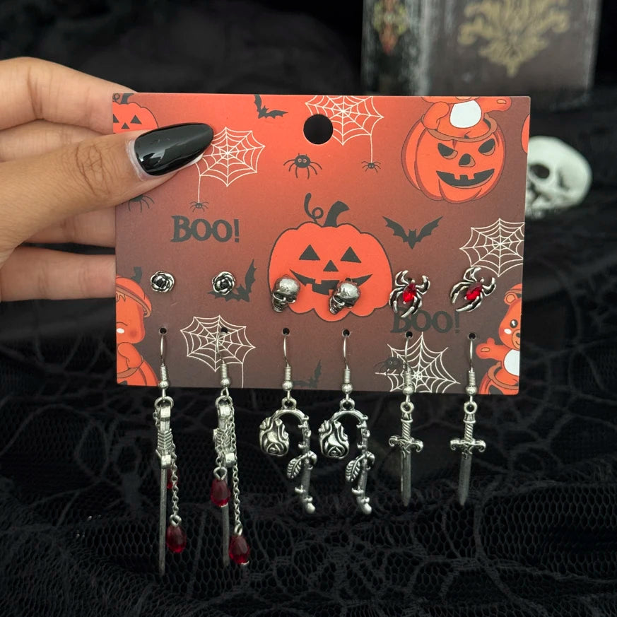 6Pairs/Set Halloween Red Crystal Skull Spider Metal Drop Earrings for Women Goth Cross Rose Piercing Earrings Jewelry