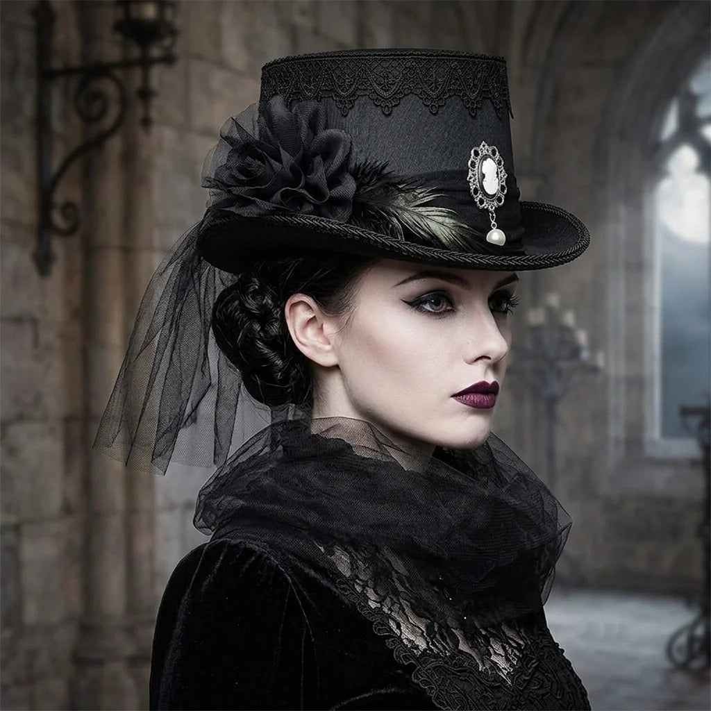 Gothic Black Lace Top Hat Vintage Pearl Elegant Victorian Steampunk