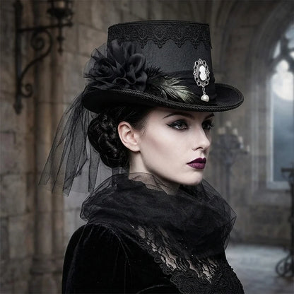 Gothic Black Lace Top Hat Vintage Pearl Elegant Victorian Steampunk