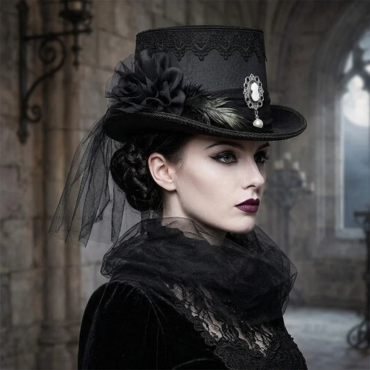 Gothic Black Lace Top Hat Vintage Pearl Elegant Victorian Steampunk